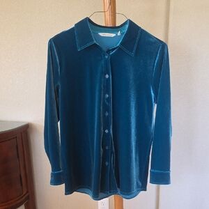 Soft Surroundings, Blue Velour Button-Up Shirt, Petite Medium